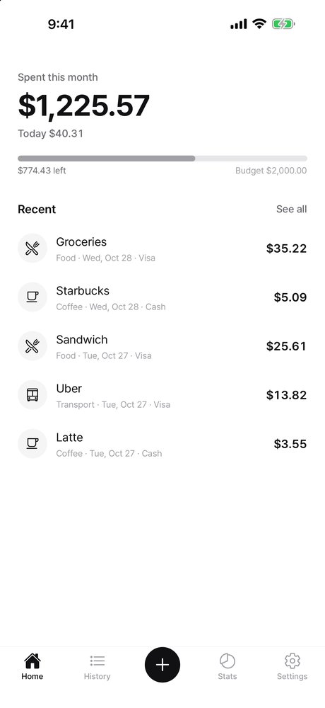 Monthly total and recent expenses